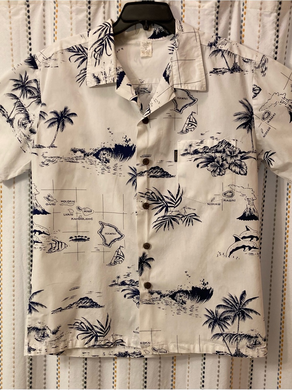 Men's White Hawaiian Print Short-Sleeve Button-Down Shirt - Navy Print